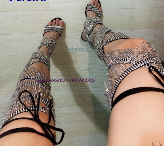 Open Toe Fringe Cross Tied Over The Knee Stiletto Heel High Heel Sandals