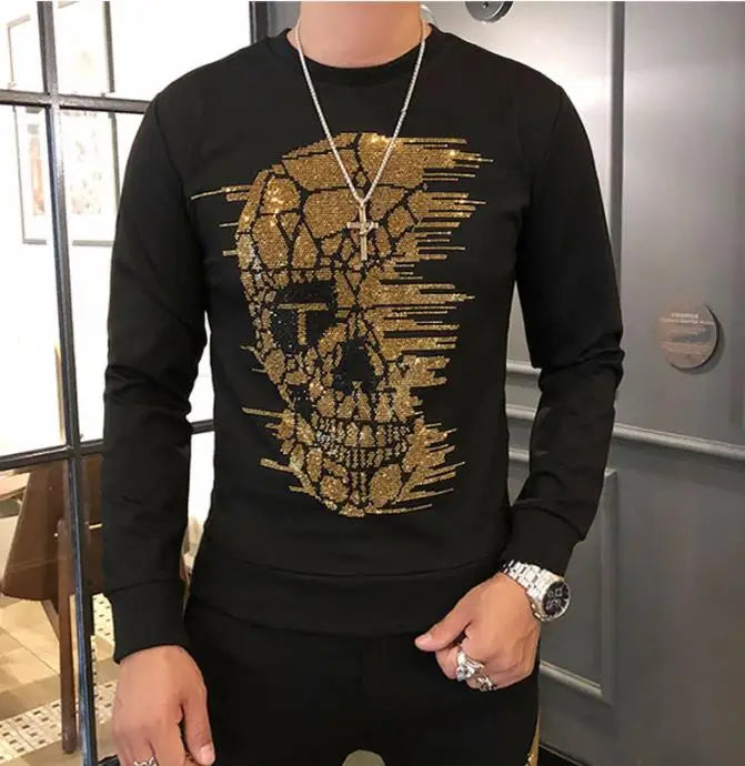 Men's Skull Print Long Sleeve Sweatshirt + Matching Sweatpants 2-Piece Tracksuit