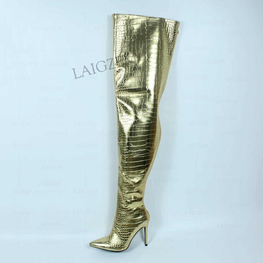 Metallic Crocodile Pattern Pointed Toe Stiletto Heel Women's Over-the-Knee Boots