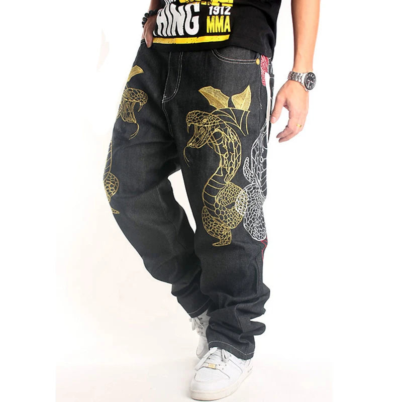 Men's Denim Embroidered Snake Print Baggy Hip-Hop Streetwear Jeans