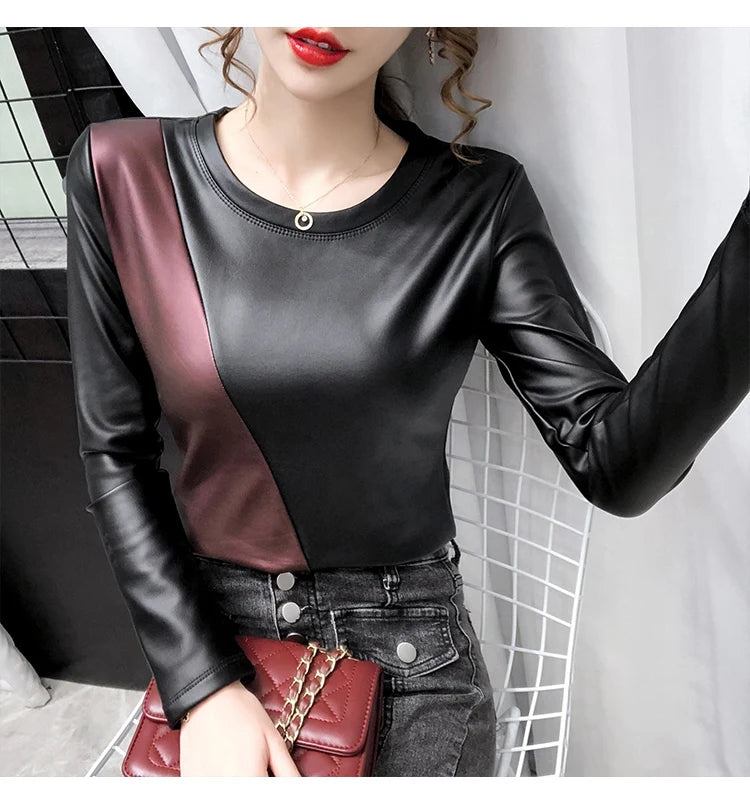 PU Leather O-Neck Colorblock/Solid Velvet Lined Long Sleeve Patchwork Elastic Women's Shirt to 4X Plus Size