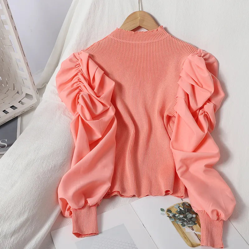 Chiffon Cropped Patchwork Balloon Sleeve Sweater