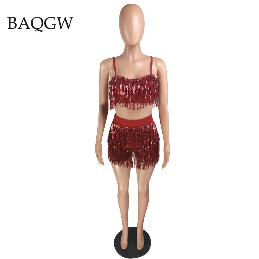 Sequined Tassel Design Women's Spaghetti Strap Crop Tank Top + Matching Mini Shorts 2-Piece Set