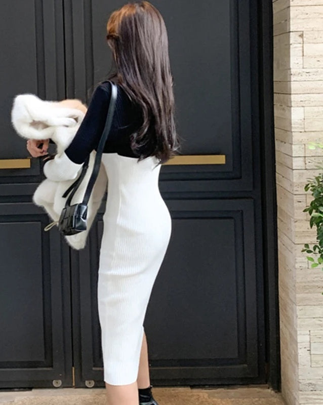 Black/White Patchwork Colorblock Turtleneck Knitted Long Sleeve Skinny Fit Midi Sweater Dress