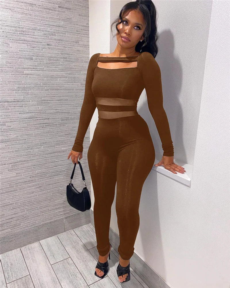 Solid Cut-Out Bandage Mesh Sheer Patchwork Long Sleeve Bodycon Jumpsuit