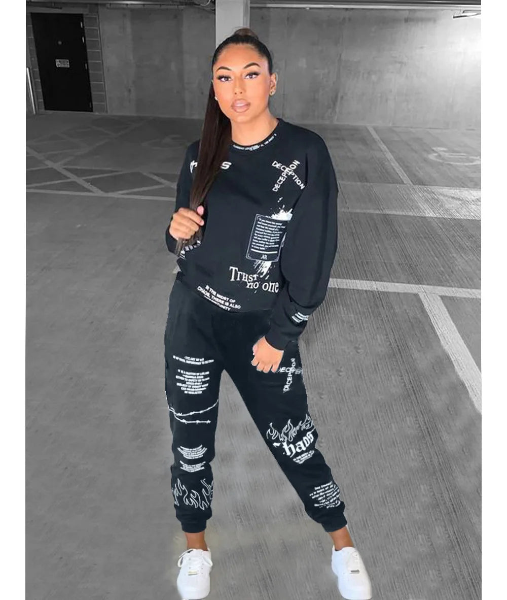 Women Tracksuit 2 Pieces Set Autumn Letter Printed Oversized Hoodies Sweatshirt Pants Suit Sweatpants Outfits Matching Sets