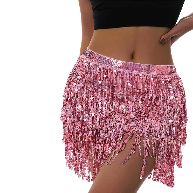 Glitter Tassel Fringe Sequined Metallic Adjustable Waist Dancer/Performance Skirt/Salsa Mini Skirt