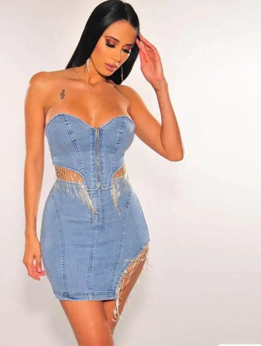 Tassel Design Asymmetrical Sleeveless Zipper Corset Tube Top + Matching Mini Skirt 2-Piece Set