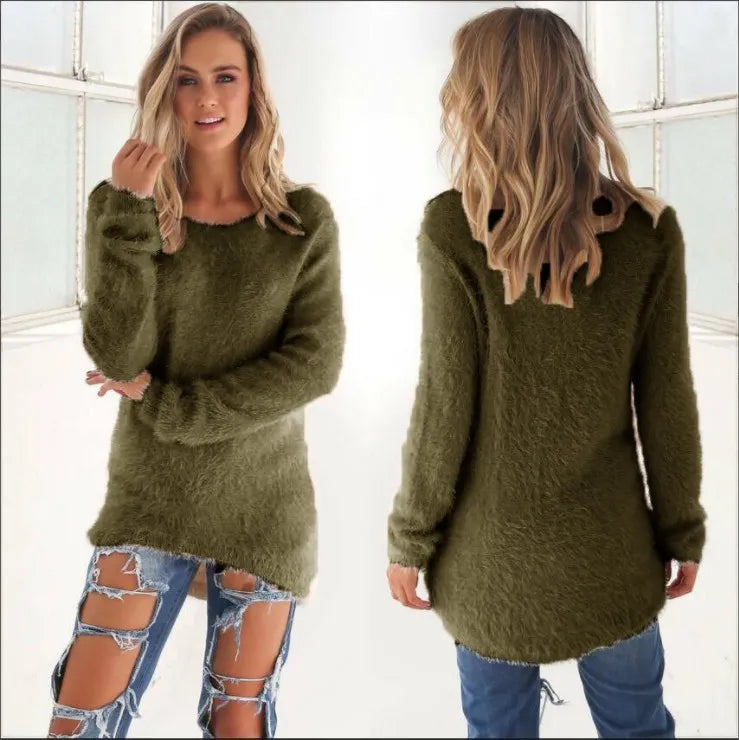 Fleece Solid Color O-Neck Pullover Women's Sweater to 5X