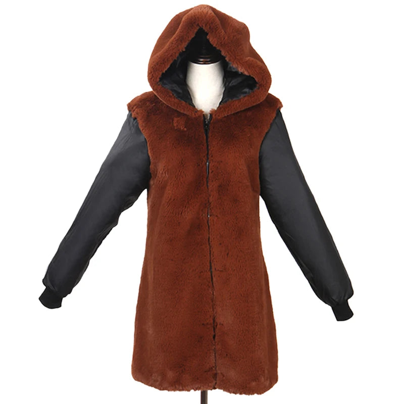 Colorblock Real Fur Oversized Collar Hip-Hop Design Women's Hooded Full Pelt Trenchcoat