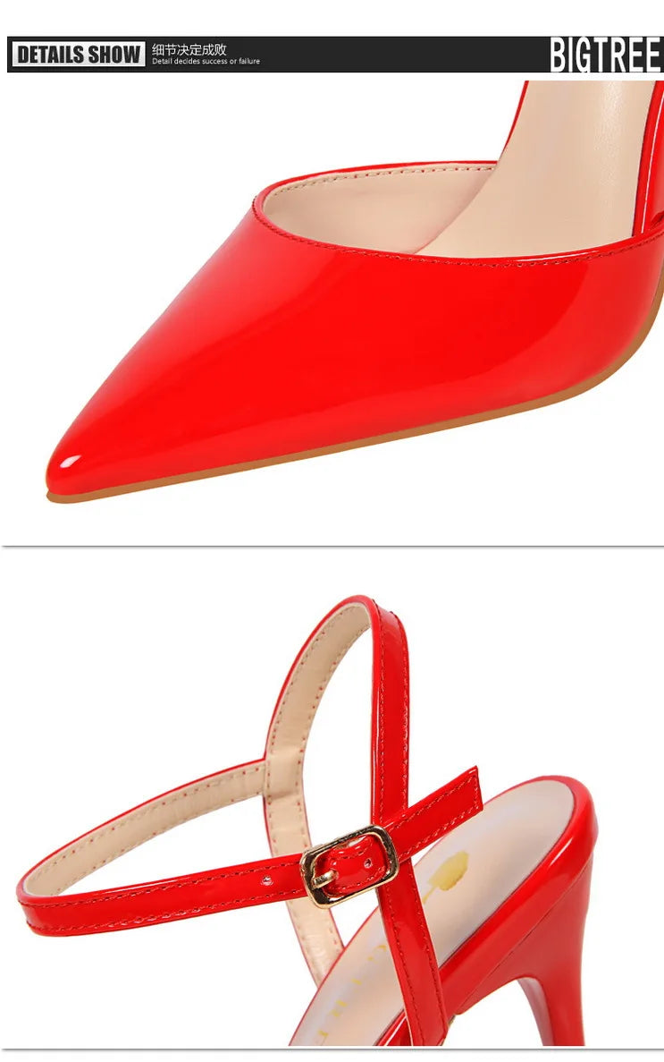 Patent Leather Stiletto Heel Buckle Strap Solid Color Sandal Pumps