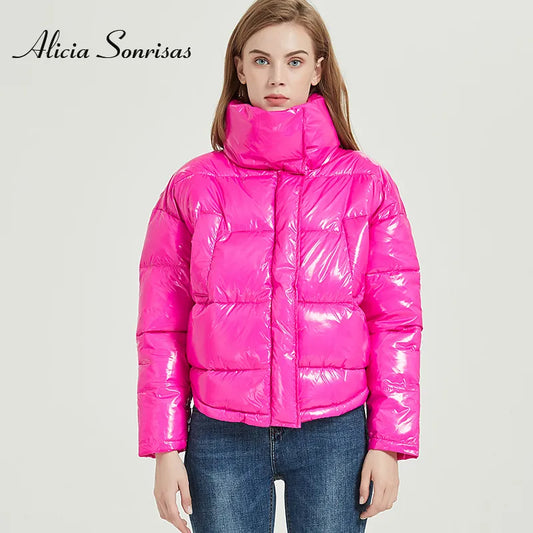 Glossy Hot Pink Women's Down Cotton Padded Waterproof Jacket