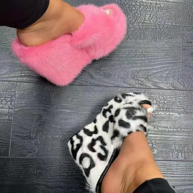 Plush Faux Fur Solid/Cowhide Round Open Toe Wedge Platform Women's Slip-On Sandals