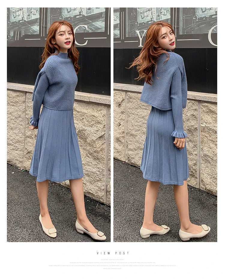 Solid Long Sleeve Pullover Sweater + Knitted Pleated Midi Skirt 2-Piece Set