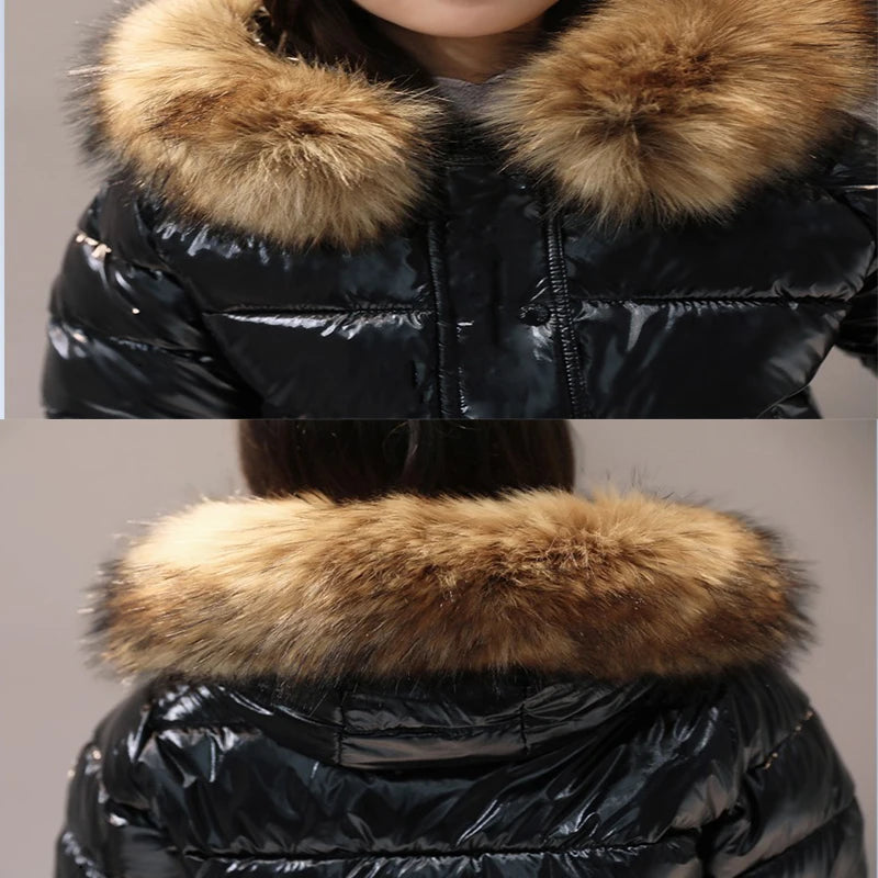 Faux Fur Collar Glossy Short Waterproof Ladies Puffer Bomber Jacket