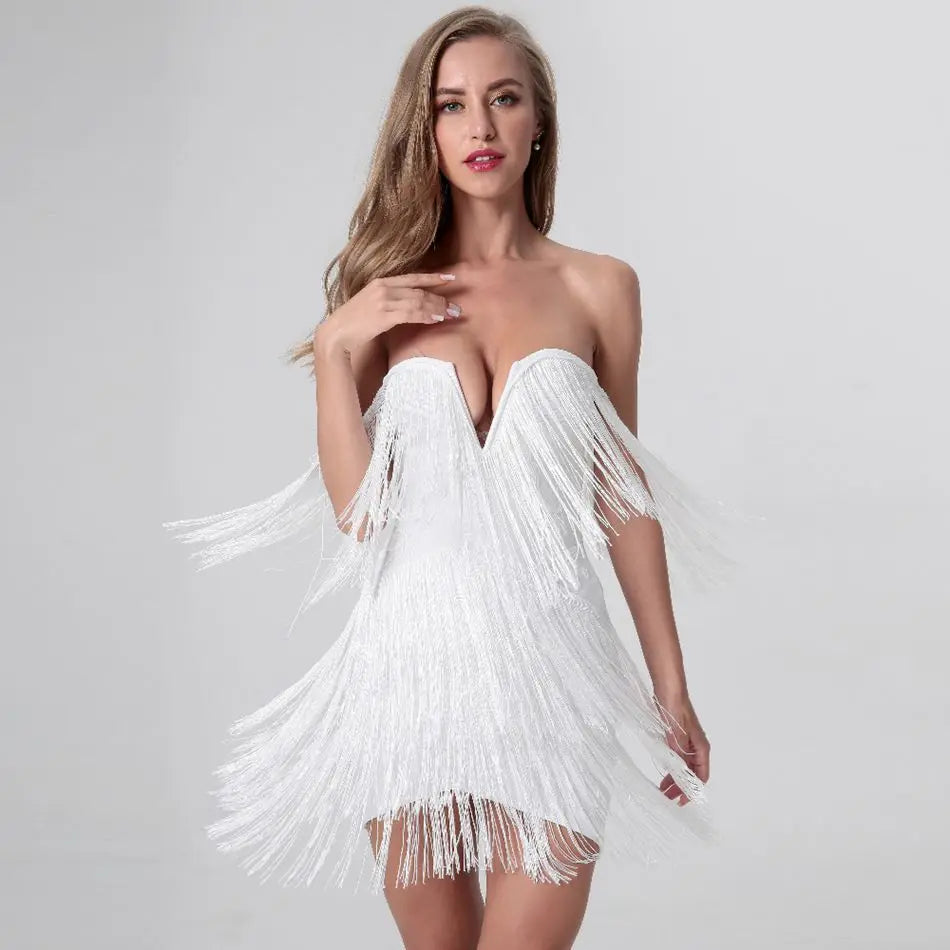 Off-the-Shoulder Tassel Fringe Design Bandage Strapless Zipper Back V-Neck Mini Formal Bodycon Party Dress