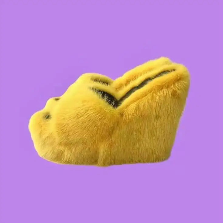 Plush Faux Fur Solid/Cowhide Round Open Toe Wedge Platform Women's Slip-On Sandals