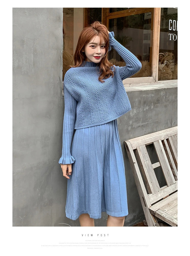 Solid Long Sleeve Pullover Sweater + Knitted Pleated Midi Skirt 2-Piece Set