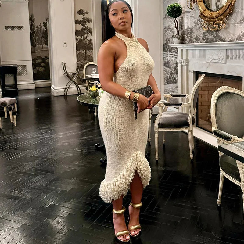 Irregular Knitted Furry Tassel Fringe Hem Sheer Transparent Backless Sleeveless Formal Midi Dress