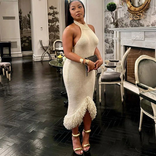 Irregular Knitted Furry Tassel Fringe Hem Sheer Transparent Backless Sleeveless Formal Midi Dress