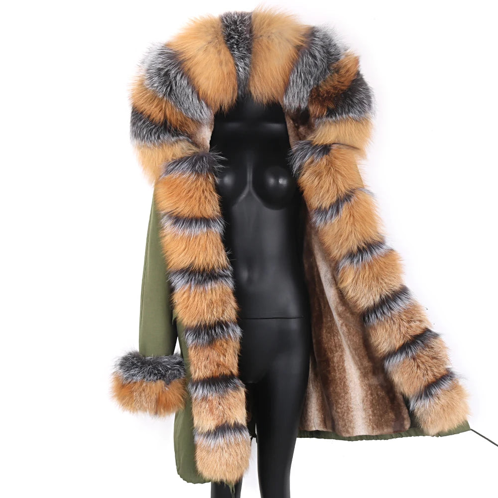 Colorblock Real Fur Oversized Collar Hip-Hop Design Women's Hooded Full Pelt Trenchcoat