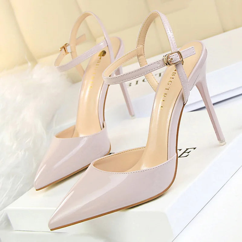 Patent Leather Stiletto Heel Buckle Strap Solid Color Sandal Pumps