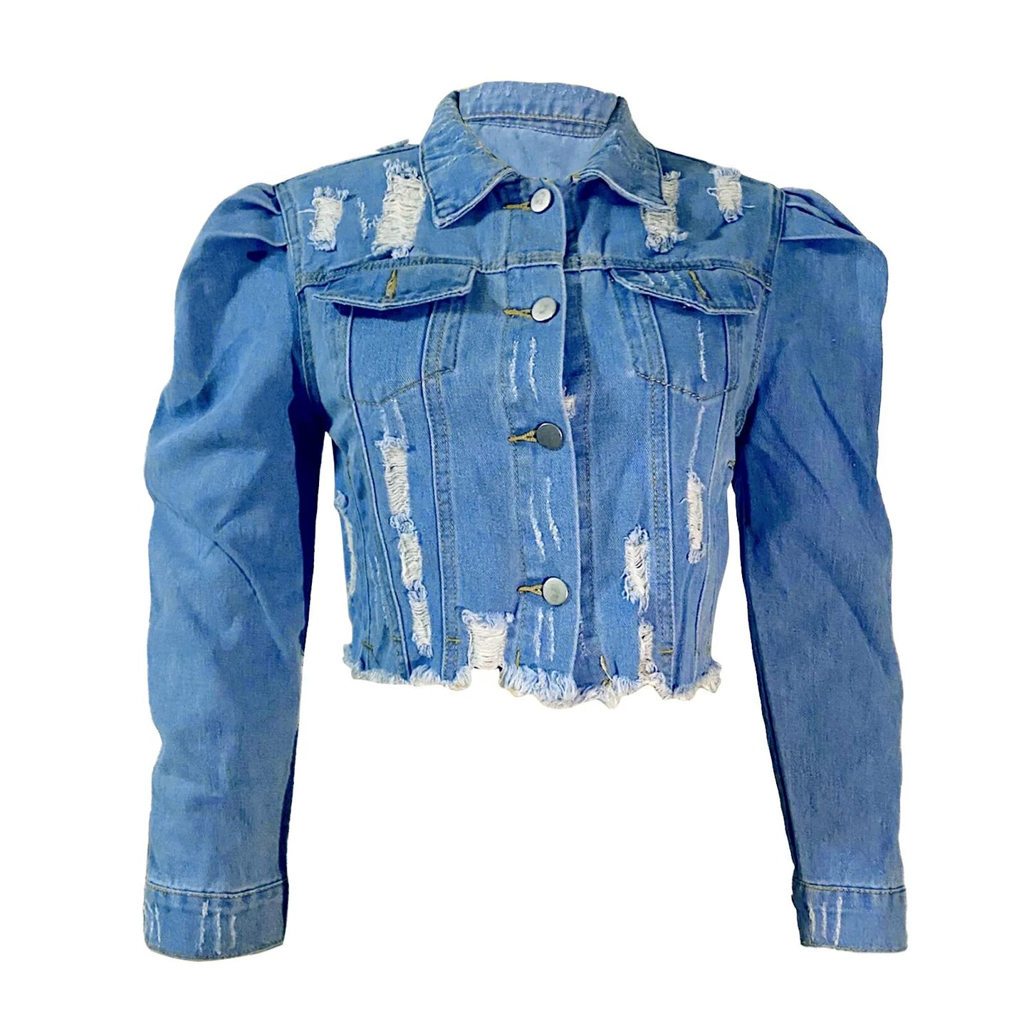 Puff Sleeve Women's Ripped Denim Button Down Cropped Jean Jacket