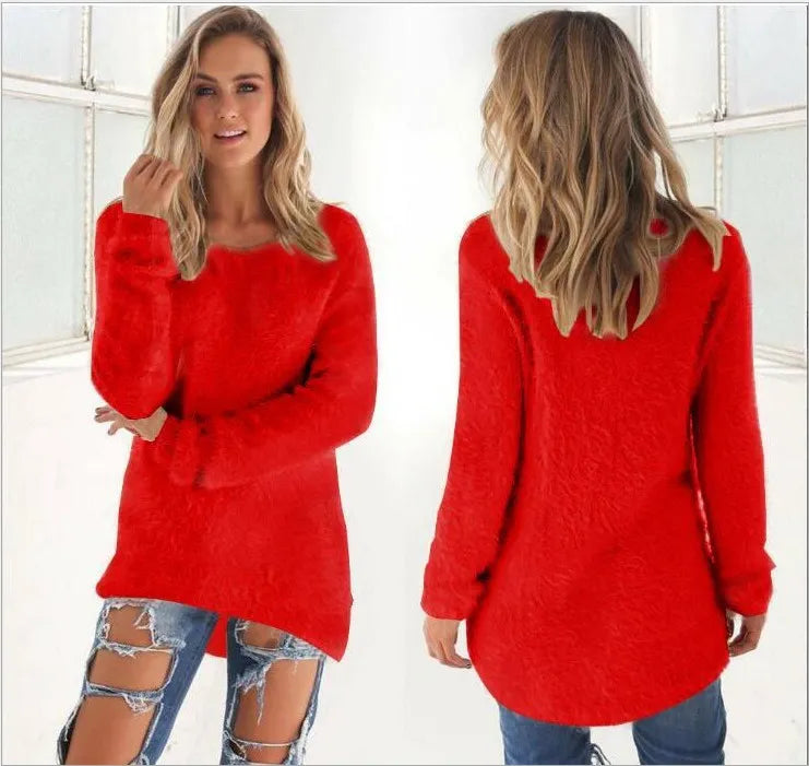 Fleece Solid Color O-Neck Pullover Women's Sweater to 5X