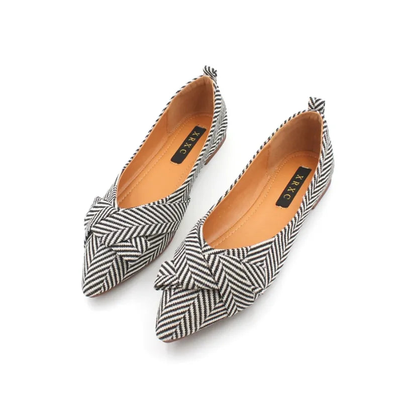 Bow Striped Geometric Pointed Toe Butterfly-Knot Ladies Flats