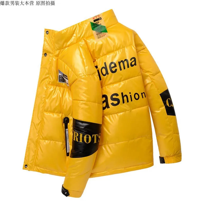 Detachable Hood Shiny Waterproof Men's Metallic Letter Print Stand Collar Puffer Bomber Jacket to 4X