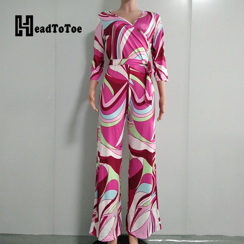 Swirl Design V-Neck Belted Wide Leg Long Sleeve Jumpsuit