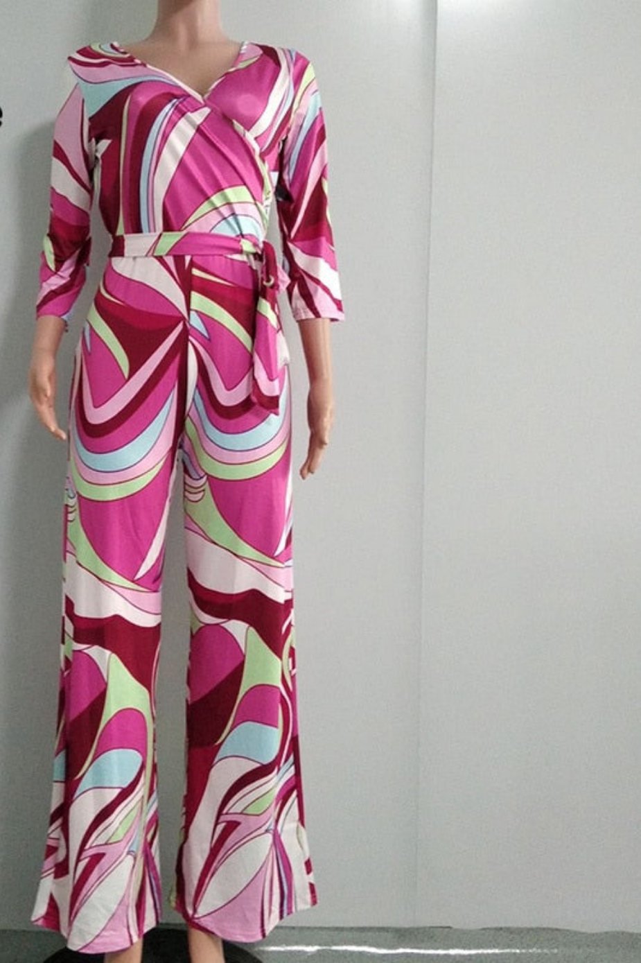 Swirl Colorblock V-Neck Belted Long Sleeve Jumpsuit