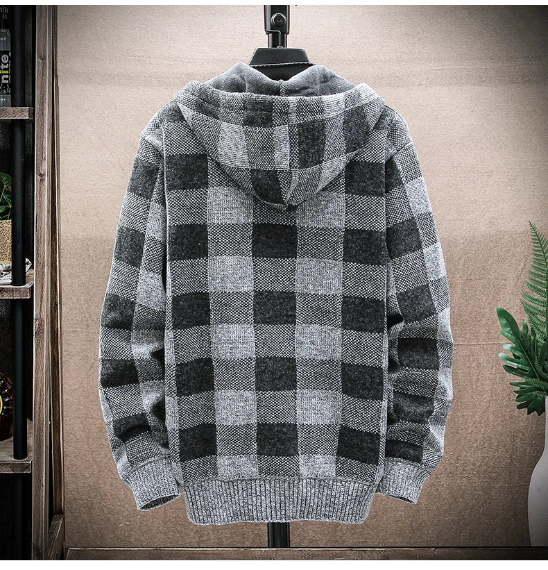 Men's Plaid Wool Zipper Cardigan Hoodie Sweater Jacket