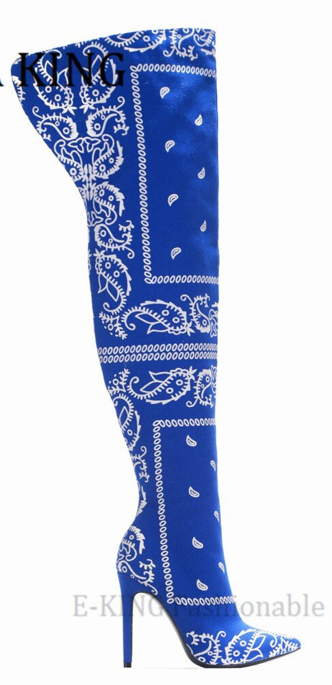 Bandana Print Women's Thigh High Over The Knee Pointed Toe Silk Boots