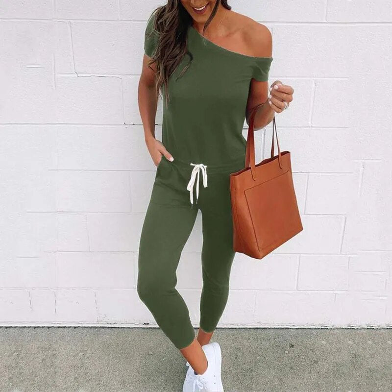 Off Shoulder Short Sleeve Drawstring Waist Jumpsuit