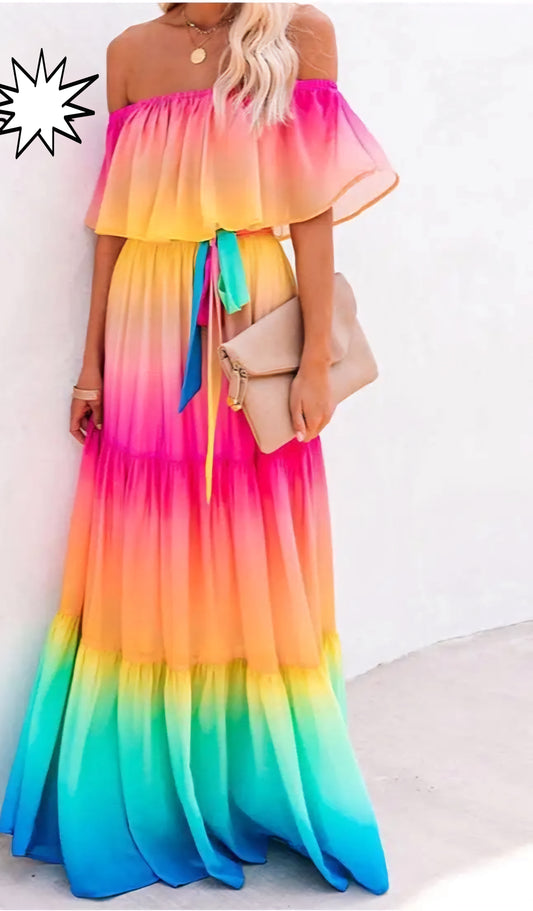 Chiffon Tiered Rainbow Gradient Colorblock Off-the-Shoulder Ombre Ruffled Maxi Dress