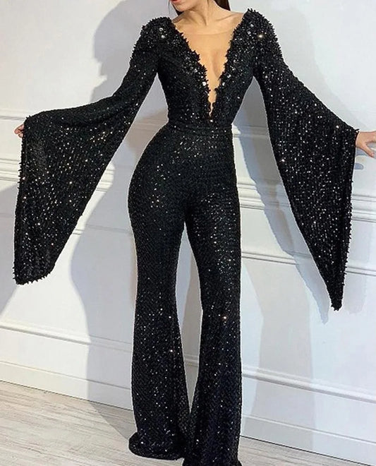 Black Glitter Sequin Deep V-Neck Long Batwing Sleeved Solid Straight  Jumpsuit