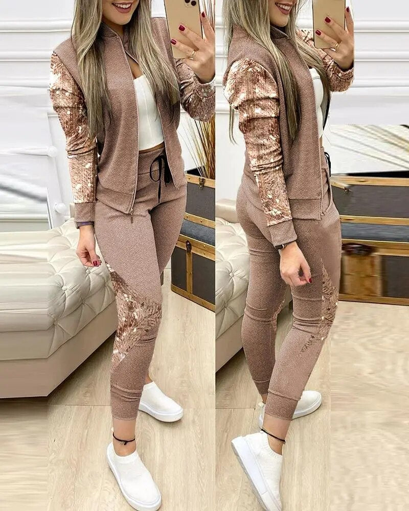 Leopard/Checkered Plaid Colorblock Puff Sleeve Zipper Jacket + Side Striped Leggings Women's Tracksuit