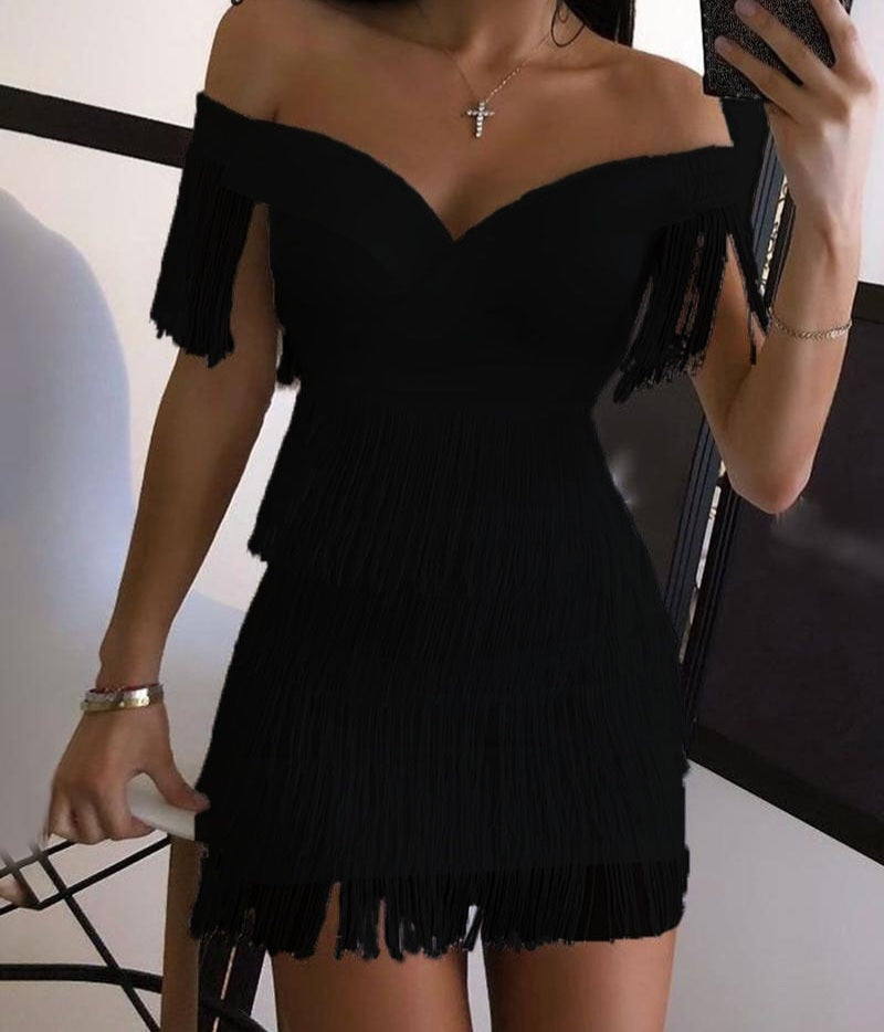 Fringe Tassel Detail Off-the-Shoulder Slash Neck Short Sleeve Mini Club Dress