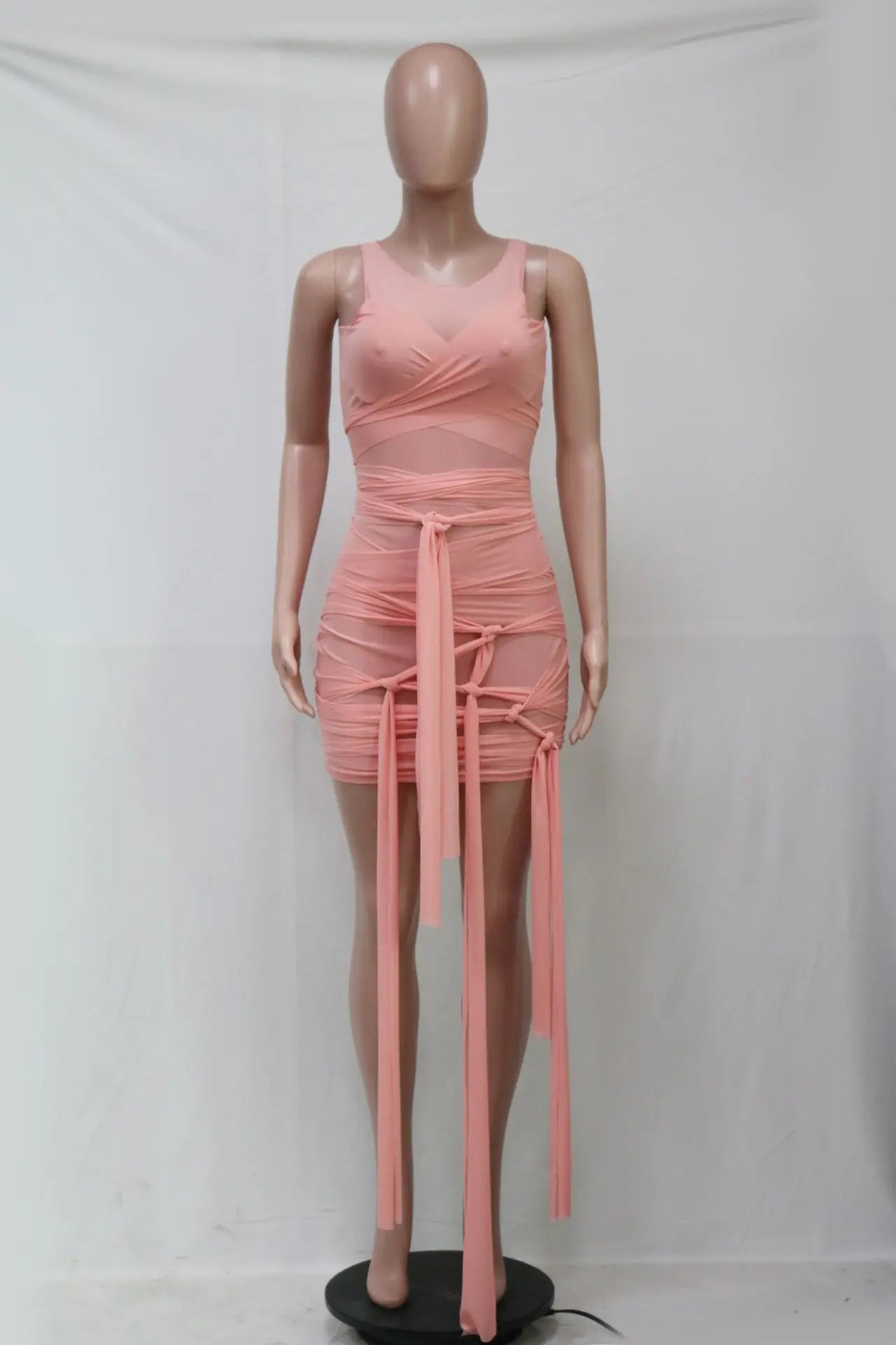 Sleeveless Bandage Criss-Cross Hollow-Out Design Transparent Mesh Mini Club Party/Prom Dress