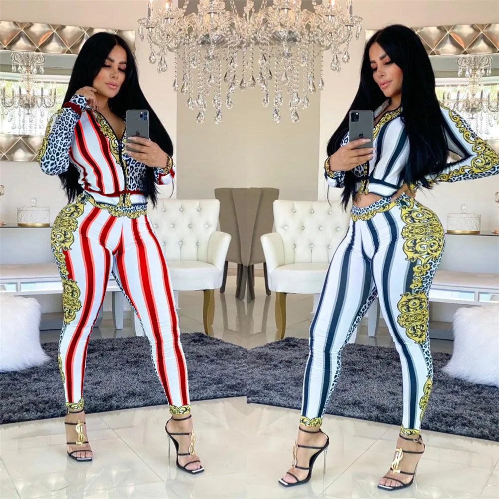 Leopard Baroque Striped Print Long Sleeve Zipper Jacket + Leggings 2-Piece Set