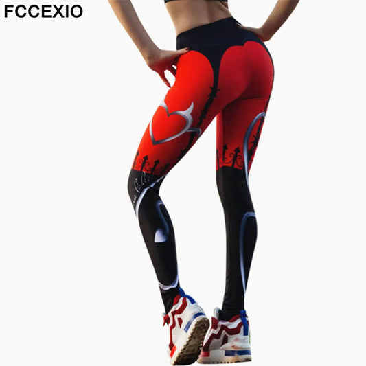 Heart Shape Digital Print Patchwork Fitness Leggings