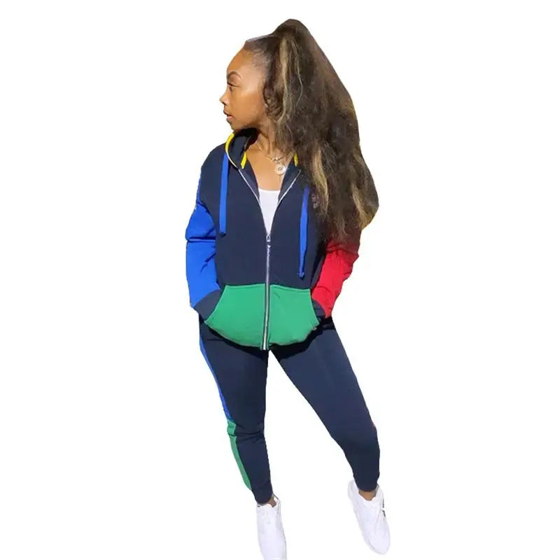 Colorblock Patchwork Women Casual Long Sleeve Zipper Hoodie Jacket + Sweatpants Tracksuit