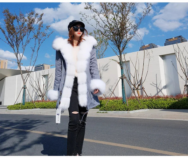 Colorblock Real Fur Oversized Collar Hip-Hop Design Women's Hooded Full Pelt Trenchcoat