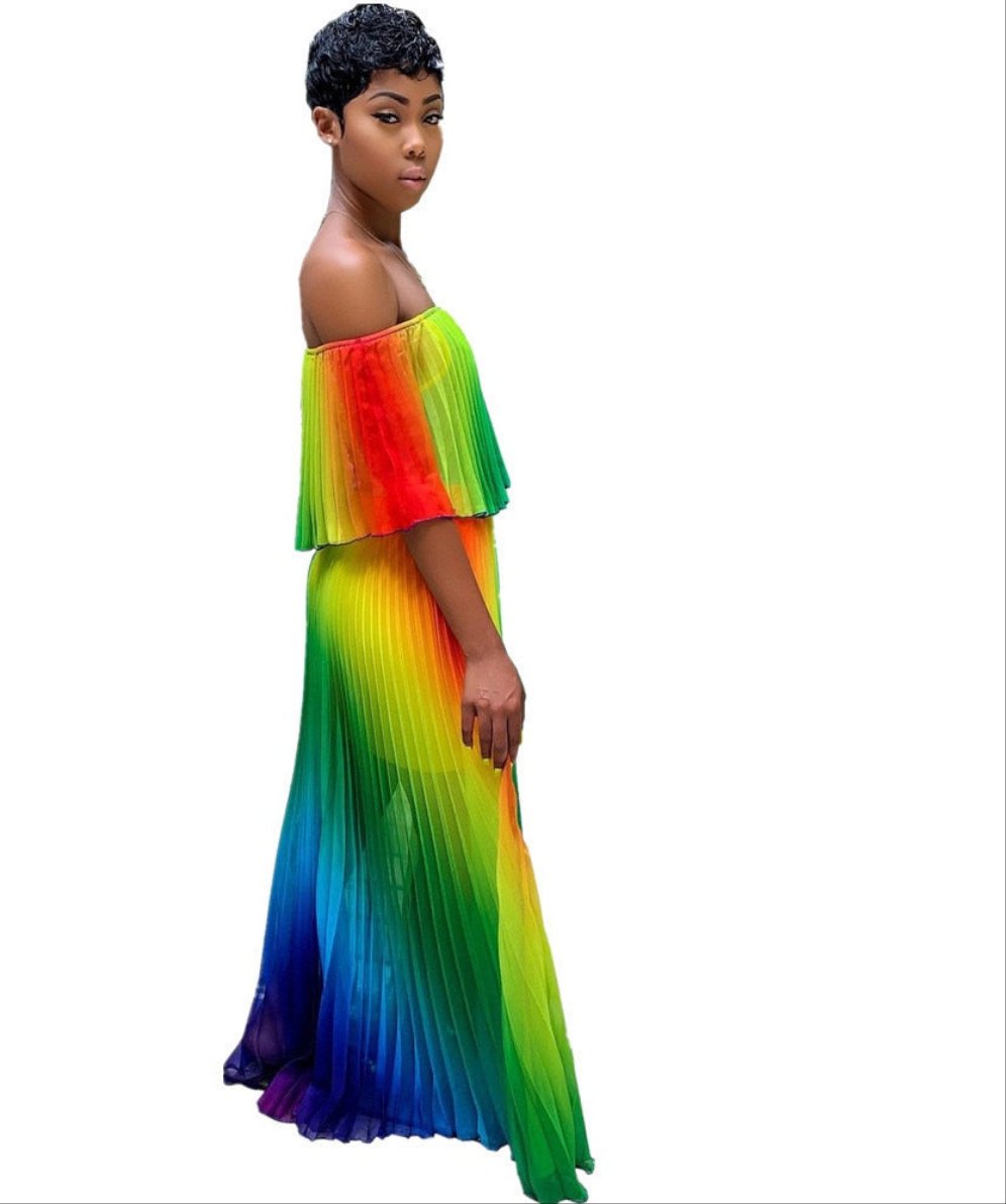 Gradient Pleated African Beach Dress