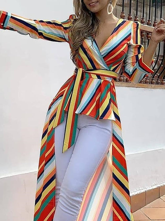 Striped Ruffled Asymmetrical Tied Front Dip Hem Maxi Blouse