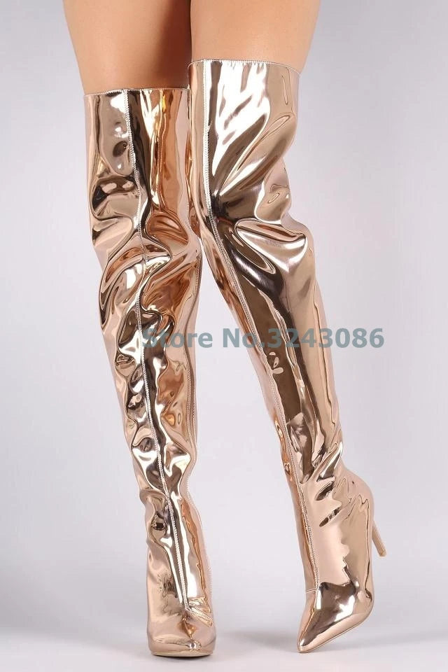 Metallic Luster Designer Solid Pointed Toe Thin High Heel Over-the-Knee Boots