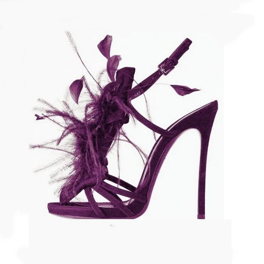 Feather Decor Real Leather Catwalk Stiletto Heel Open Toe Sandal Pumps