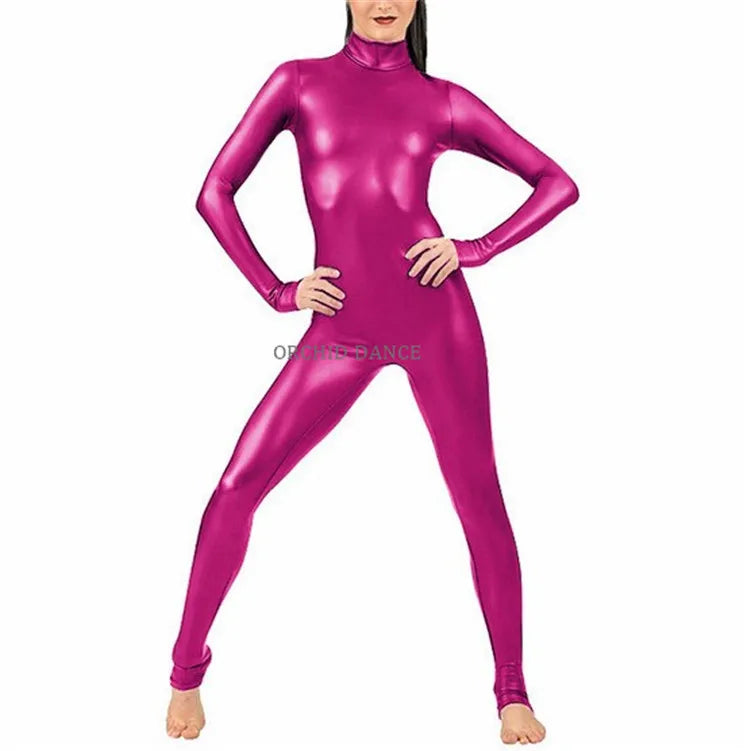 Turtleneck Faux Leather Long Sleeve Zipper Back Bodycon Skin Tight Unitard Jumpsuit-12 Colors!