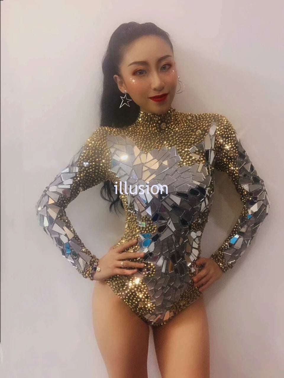 Sparkling Metallic Geometric Rhinestone Mirror Performance Bodysuit Costume